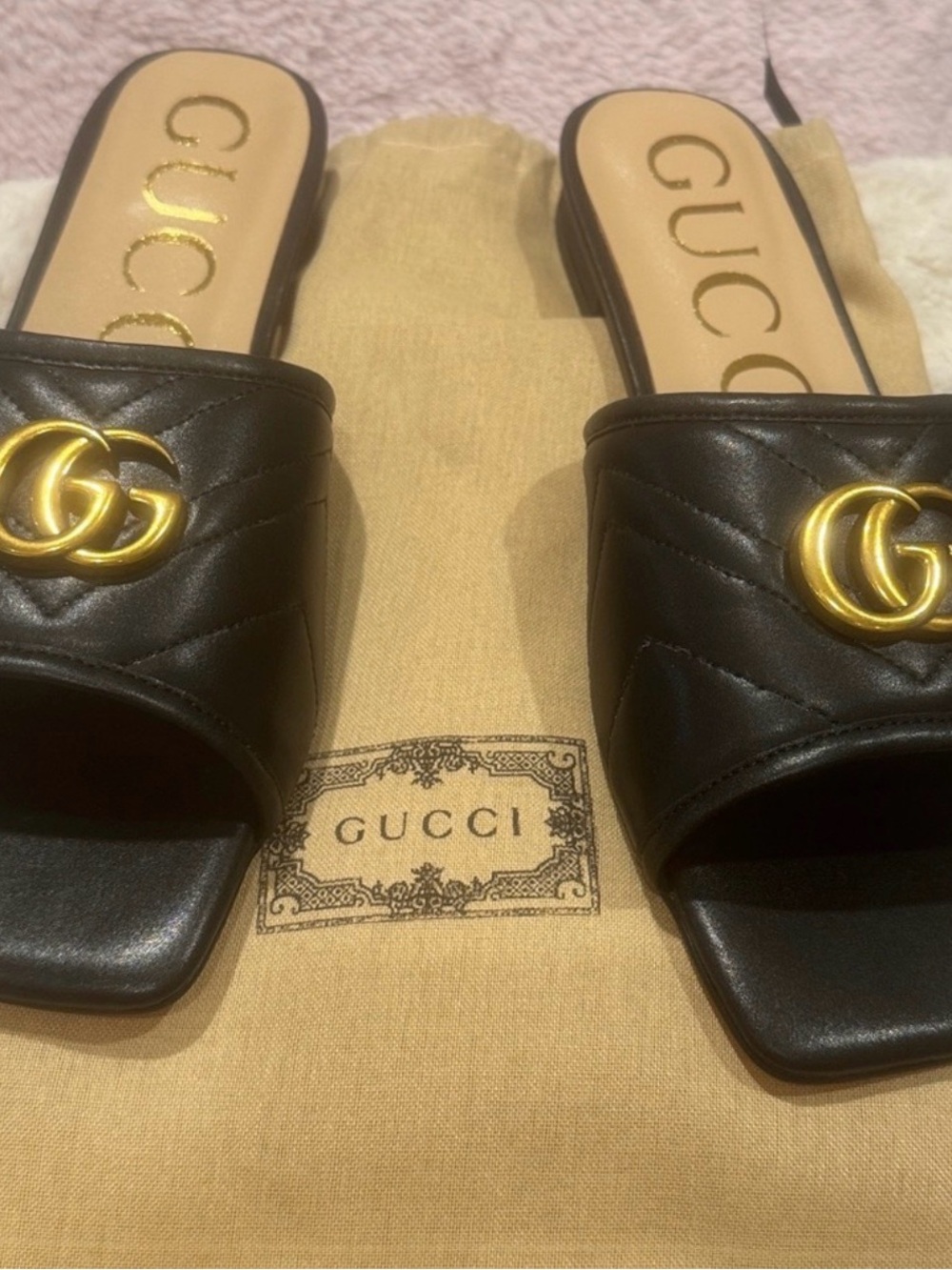 Gucci Black Quilted Leather Slide Mules with Gold Double G